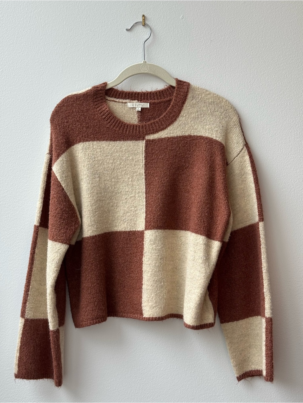 Z Supply Checkerboard Crewneck Sweater in Rust and Cream